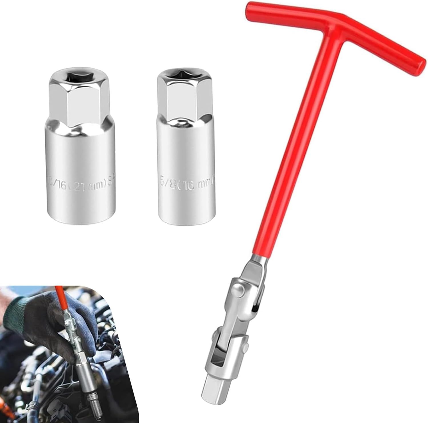 V1259-DP01-H-00257-00 3 PCS Car Spark Plug Socket, 5/8" 13/16" T-handle Swivel Socket Kit, Non-slip Rotating Spark Plug Remover Installer Tool, Engine Maintenance Part for Cars Truck SUVs (Multicolored) - Image 1