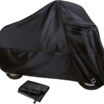Motorcycle Cover, Waterproof Sun-proof Cloth for All Seasons, Windproof Anti-scratch Shield with Lock‑hole & Buckle Strap, Full Coverage Outdoor Cover for Motorcycle E‑bike Scooter (Black)