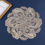 Embroidered Heat Insulation Placemat 6-Pack - Hollow Round PVC Table Mat with Lace Design - Anti-Slip Oil Proof Dining Mat for Kitchen Restaurant - Gold 39cm