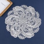 Embroidered Heat Insulation Placemat 6-Pack - Hollow Round PVC Table Mat with Lace Design - Anti-Slip Oil Proof Dining Mat for Kitchen Restaurant - Silver 39cm