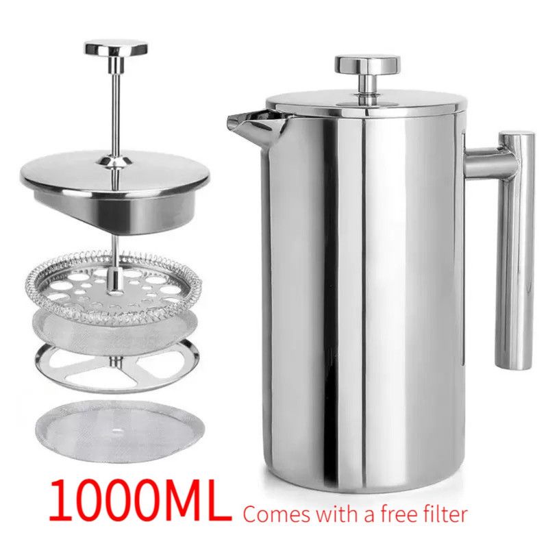 V1265-AU-492-1000ML-LW-00 304 Stainless Steel French Press Coffee Maker, Household Hand-Brew Coffee Pot, Includes One Filter – 1000ML - Image 1