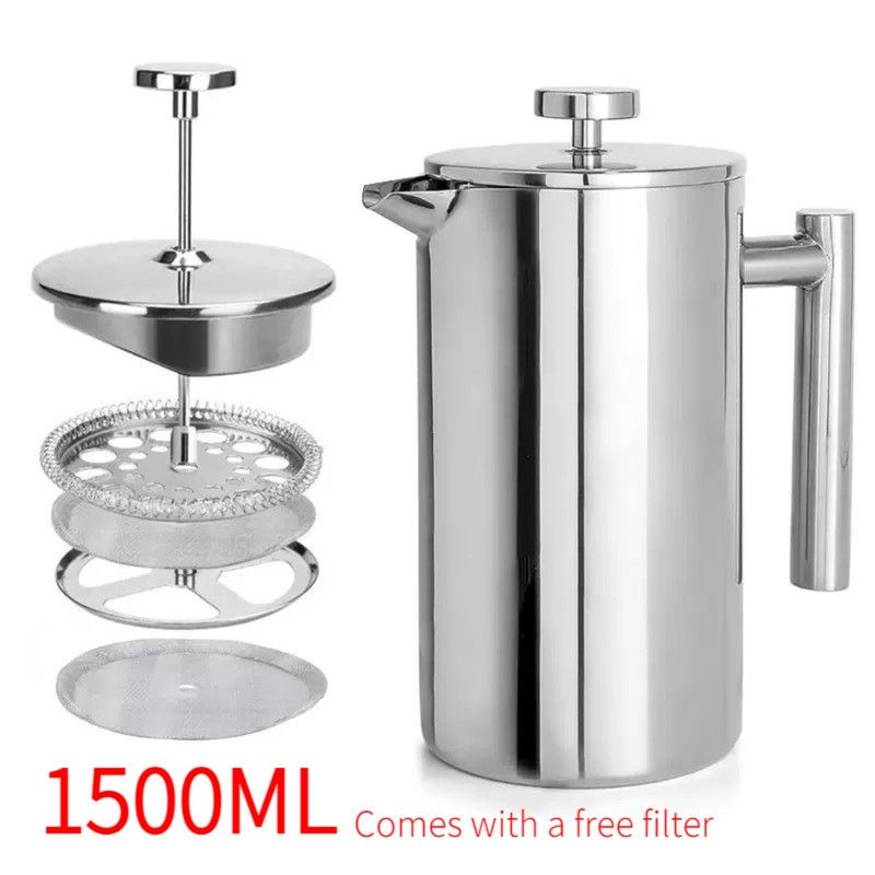 V1265-AU-492-1500ML-LW-00 304 Stainless Steel French Press Coffee Maker, Household Hand-Brew Coffee Pot, Includes One Filter – 1500ML - Image 1