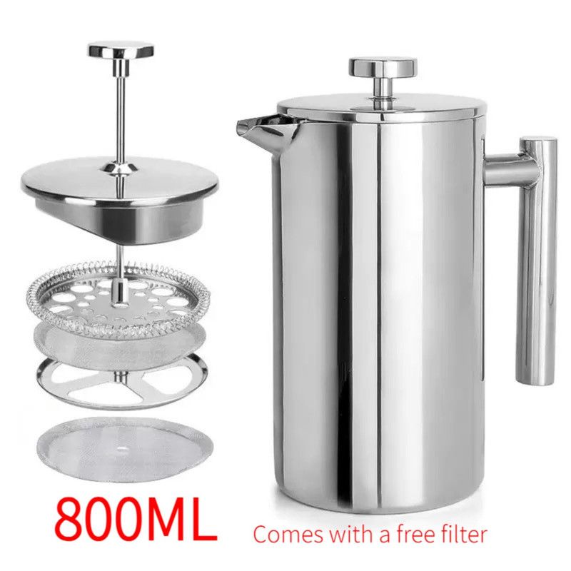 V1265-AU-492-800ML-LW-00 304 Stainless Steel French Press Coffee Maker, Household Hand-Brew Coffee Pot, Includes One Filter—800ML - Image 1