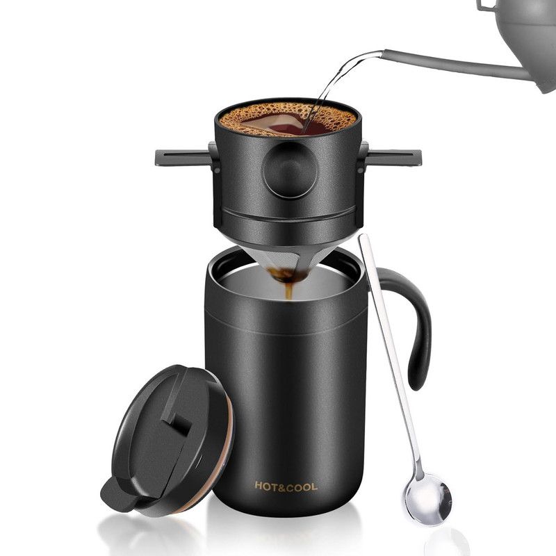 V1265-AU-525-BLACK-00 Portable Pour-Over Coffee, 304 Stainless Steel Coffee Mug, Foldable Filter Dripper with Stirring Spoon Travel Coffee Kit—Black - Image 1
