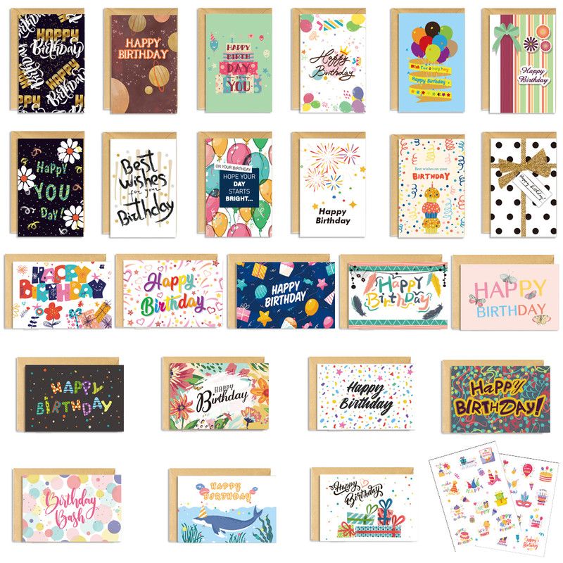 V1265-AU-531-S506-00 Colorful Happy Birthday Greeting Cards Set, 24Pcs Cards with Envelopes - Image 1