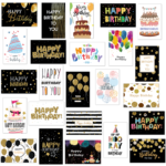24 PCS Black Gold Happy Birthday Cards Set, Assorted Birthday Greeting Cards with Envelopes