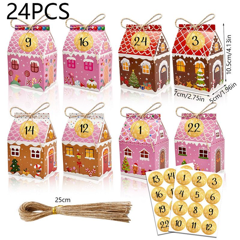 V1265-AU-532-S879-00 Colorful Gingerbread House Christmas Boxes, 4 Designs Candy Cookie Paper Boxes 24 Pcs Set - Image 1
