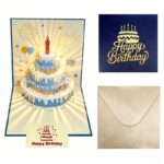 3-Piece Set of 3D Pop-Up Birthday Cake Cards, Creative Handmade Greeting Cards with LED Lights—Blue