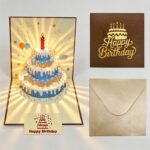 3-Piece Set of 3D Pop-Up Birthday Cake Cards, Creative Handmade Greeting Cards with LED Lights—Brown