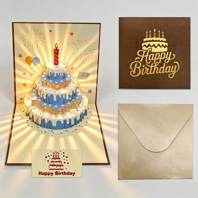 V1265-AU-535-BROWN-3-00 3-Piece Set of 3D Pop-Up Birthday Cake Cards, Creative Handmade Greeting Cards with LED Lights—Brown - Image 1