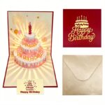 3-Piece Set of 3D Pop-Up Birthday Cake Cards, Creative Handmade Greeting Cards with LED Lights—Red