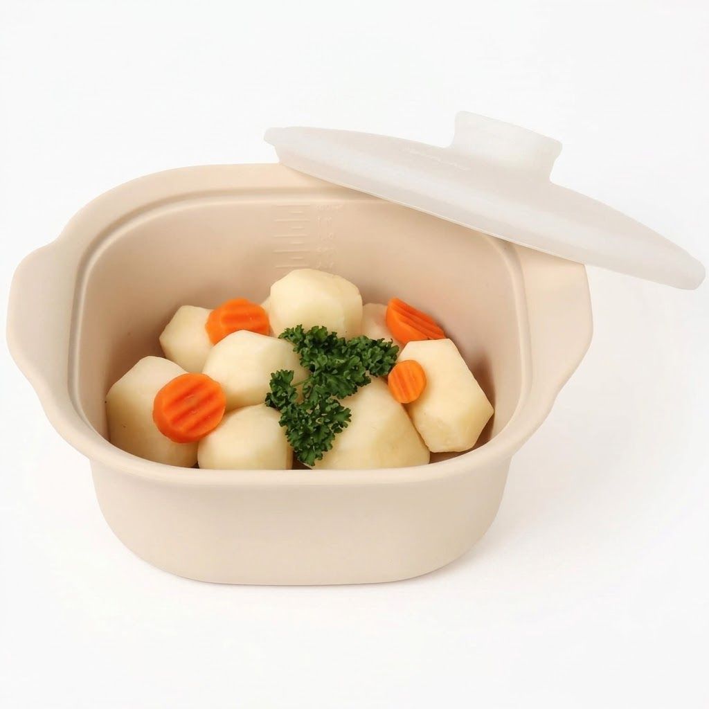 V1341-ZY-EQAUKSHS-900ML-BEIGE-00 Multipurpose Platinum Silicone Steamer Pot – Food-Grade, Freezer-to-Oven Safe, Microwave & Dishwasher Friendly for Meal Prep, Baby Food, and Everyday Cooking (900ml, Beige) - Image 1