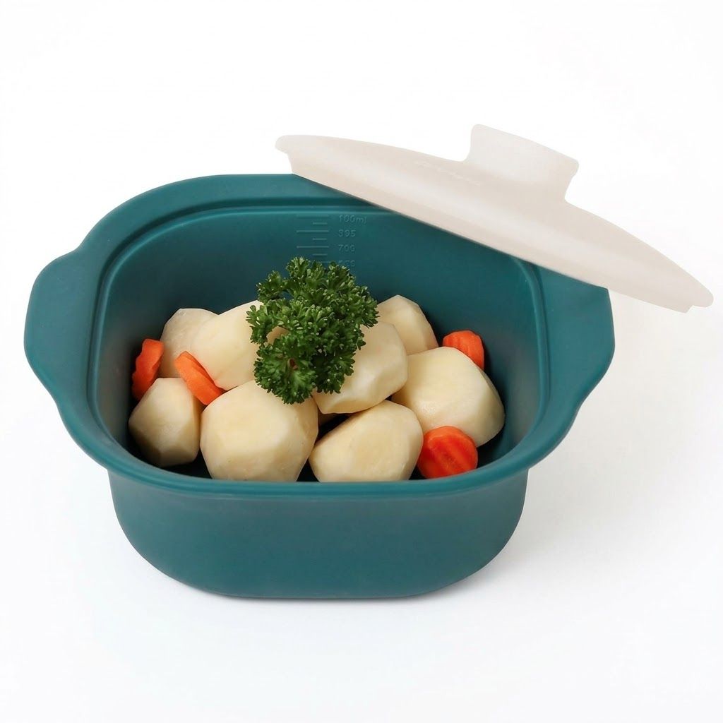 V1341-ZY-EQAUKSHS-900ML-GREEN-00 Multipurpose Platinum Silicone Steamer Pot – Food-Grade, Freezer-to-Oven Safe, Microwave & Dishwasher Friendly for Meal Prep, Baby Food, and Everyday Cooking (900ml, Green) - Image 1