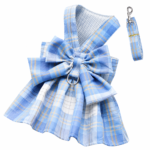 Blue Plaid Pet Harness Dress with Leash for Small Dogs and Cats XL Size Bow Design Vest Outfit Walking Accessory
