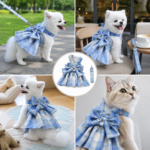Blue Plaid Pet Harness Dress with Leash for Small Dogs and Cats XL Size Bow Design Vest Outfit Walking Accessory - Image 2