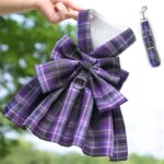 Dark Purple Plaid Pet Harness Dress with Leash for Small Dogs and Cats M Size Bow Design Vest Outfit Walking Accessory - Image 4