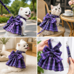 Dark Purple Plaid Pet Harness Dress with Leash for Small Dogs and Cats L Size Bow Design Vest Outfit Walking Accessory - Image 2