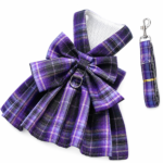 Dark Purple Plaid Pet Harness Dress with Leash for Small Dogs and Cats XXL Size Bow Design Vest Outfit Walking Accessory