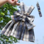 Navy Blue Plaid Pet Harness Dress with Leash for Small Dogs and Cats XS Size Bow Design Vest Outfit Walking Accessory - Image 4