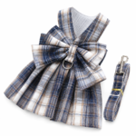 Navy Blue Plaid Pet Harness Dress with Leash for Small Dogs and Cats M Size Bow Design Vest Outfit Walking Accessory