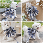 Navy Blue Plaid Pet Harness Dress with Leash for Small Dogs and Cats XL Size Bow Design Vest Outfit Walking Accessory - Image 2