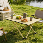 Beige Portable Folding Table - 57*41cm Carbon Steel Compact Carry Design, Quick Setup and Space Saving Storage for Market Stalls, Camping and Outdoor Use - Image 2