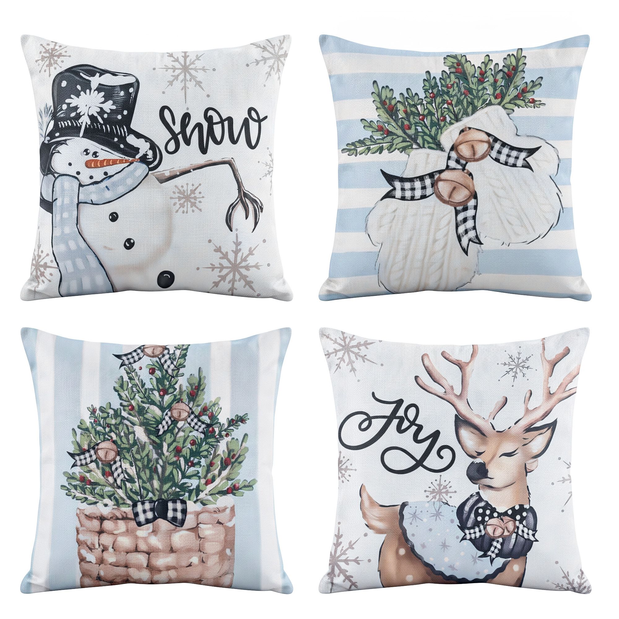 XM-F-COVER-4PLINEN01-GY-00 Jingle Jollys Christmas Cushion Covers Set of 4 Pillow Covers 45x45cm with 4 Cute Patterns Blue - Image 1
