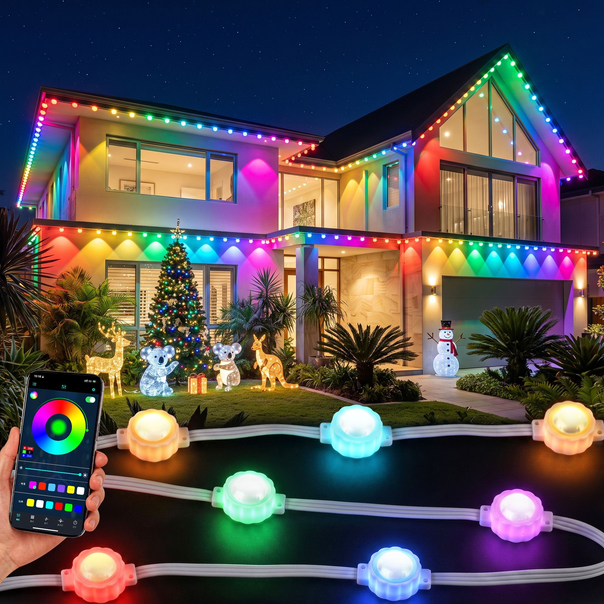 XMAS-ST72-30M-RGB-00 Jingle Jollys 30M Christmas Permanent Outdoor Lights Smart Eaves String App Control Decoration 72LED - Image 1