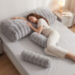 Giselle Wedge Pillow Headboard, Easy Wash Zipper Cover & Anti-Flat Foam, Couch Lumbar Support for Dorm Readers, 340g Faux Rabbit Fur with Dual Pockets, Queen - Image 9