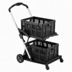 Artiss Shopping Trolley with Wheels 2 Layer w/2 Crates Foldable Trolley Black - Image 3