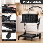 Artiss Shopping Trolley with Wheels 2 Layer w/2 Crates Foldable Trolley Black - Image 8
