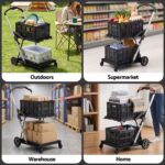 Artiss Shopping Trolley with Wheels 2 Layer w/2 Crates Foldable Trolley Black - Image 9