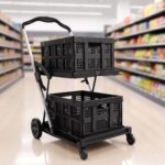 Artiss Shopping Trolley with Wheels 2 Layer w/2 Crates Foldable Trolley Black - Image 10