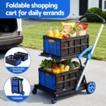 Artiss Shopping Trolley with Wheels 2 Layer w/2 Crates Foldable Trolley Blue - Image 4