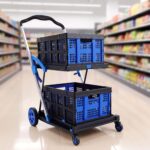 Artiss Shopping Trolley with Wheels 2 Layer w/2 Crates Foldable Trolley Blue - Image 10