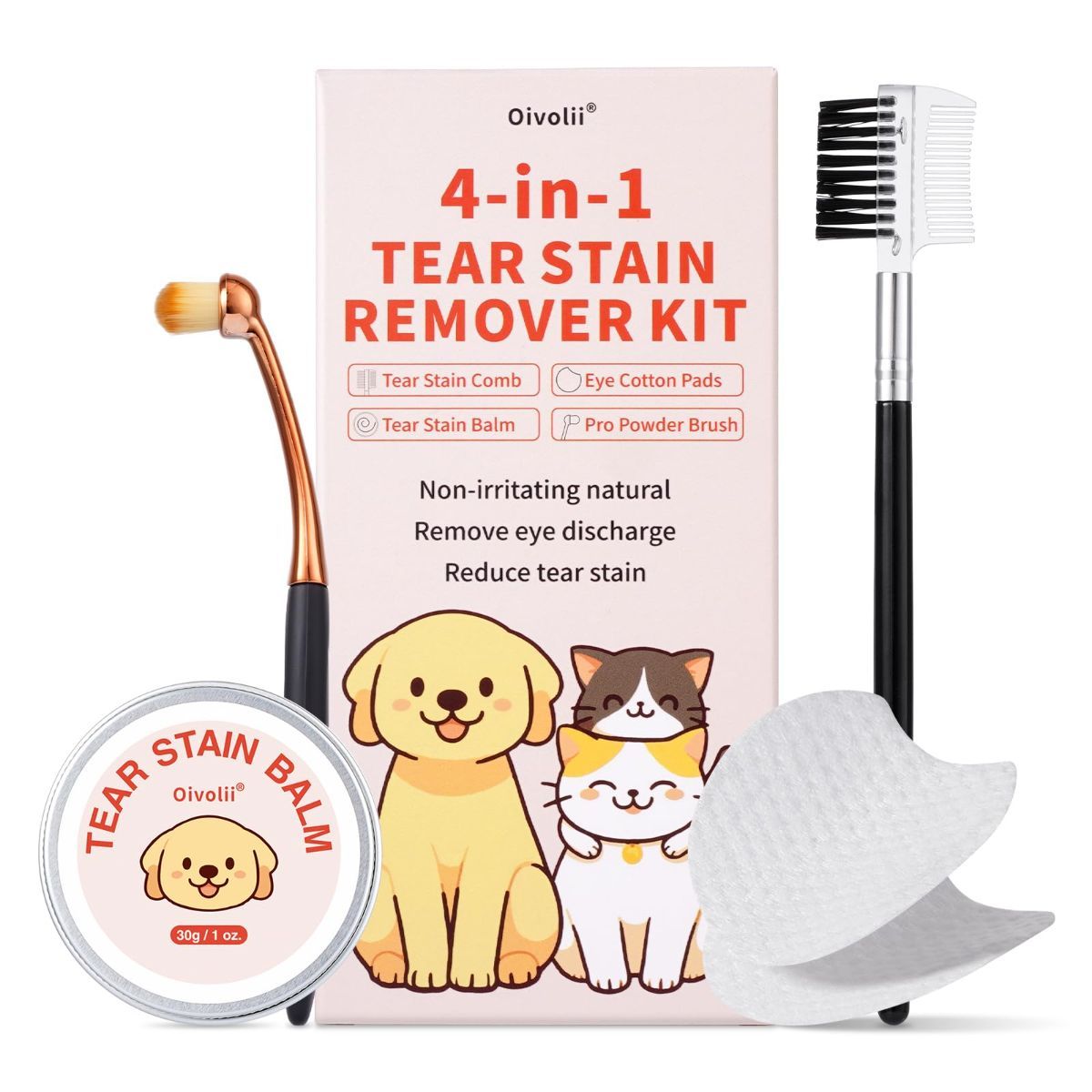 V1107-135-85538-00 Tear Stain Remover Kit for Dogs & Cats with Tear Stain Comb, Tear Stain Balm, Eye Cotton Pads, Pro Powder Brush Gently Remove Tear Stain, Eye Debris, Discharge, Mucus Secretions - Image 1