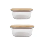 2 Pcs Bamboo?Cover Food Containers – Medium  & Large, Clear Glass, Plastic?Free