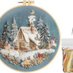 Christmas Hand Embroidery Kit for Adults, DIY Holiday Craft Set with Stamped Pattern, Hoop, Threads and Needle for Handmade Ornaments
