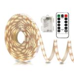 Battery Operated Warm White LED Strip Lights with Remote Control, 8 Modes, Dimmable Timer and Cuttable Self-Adhesive Backing