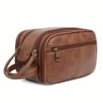 Large PU Leather Toiletry Bag with Dual Zip Compartments and Carry Handle for Travel, Cosmetics and Grooming, Brown, 26 x 15 x 16 cm - Image 2