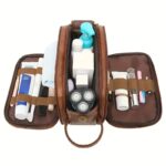 Large PU Leather Toiletry Bag with Dual Zip Compartments and Carry Handle for Travel, Cosmetics and Grooming, Brown, 26 x 15 x 16 cm - Image 3