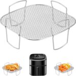 Square Stainless Steel Air Fryer Basket Rack with Raised Mesh Base for Crisp Cooking, Roasting and Baking, Silver, 20 x 20 x 9 cm