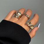Irregular Crumple Metal Stacking Ring 3 Pieces Set, Gold Lava Texture Open Band Rings, Women Trendy Finger Jewelry for Christmas Halloween Party Favors, Code 4541