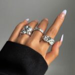Niche Abstract Textured Ring Trio Set, Silver Irregular Lava Open Rings, Minimalist Daily Outfit Matching Accessory for Xmas Halloween Seasonal Gifts, Code 4541