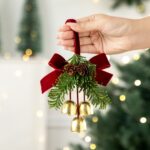 Christmas Pine Cone Triple Red Bell Tree Hanging Pendant, Indoor Xmas Layout Accessory Suitable for Christmas Holiday Gift Hampers, Model D5