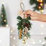 Christmas Pine Cone Wood Strip Double Green Bell Wreath Hanging Charm, Indoor Ambience Pendant for Christmas Seasonal Presents, Model D7