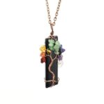 Natural Fragment Stone Tree of Life Necklace, Antique Copper Frame, Obsidian, Christmas & Halloween Themed Costume Jewelry, Cool Style Holiday Gift for Jewelry Lovers