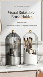 Rotating Birdcage Desk & Vanity Organiser, Dustproof Divided Storage Holder for Cosmetics, Skincare, Stationery, Toothbrushes & Cutlery, Transparent White, Christmas & Halloween Household Gift - Image 3