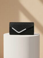 Women Fashion Wedding Evening Clutch Bag, V‑Shaped Metal Trim Versatile Chain Formal Party Handbag for Prom Banquet, Black