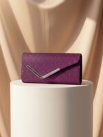 Women Fashion Wedding Evening Clutch Bag, V‑Shaped Metal Trim Versatile Chain Formal Party Handbag for Prom Banquet, Purple